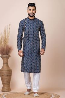 Picture of Artistic Navy Blue Indo-Western Designer Kurta Pyjama Set for Party