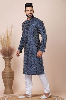 Picture of Artistic Navy Blue Indo-Western Designer Kurta Pyjama Set for Party