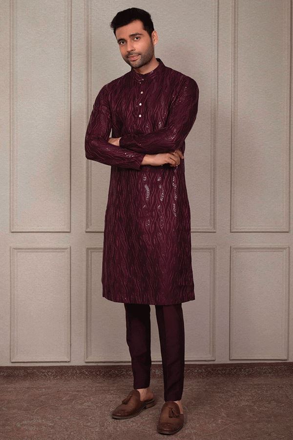 Picture of Magnificent Wine Designer Kurta Pant Set for Engagement, Reception, Wedding, Party, and Festivals