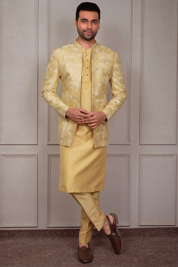 Picture of Artistic Yellow Designer 3-Piece Men’s Suit for Haldi, Wedding, and Festivals