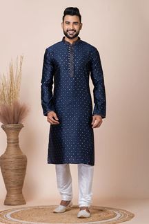 Picture of Fancy Navy Blue Designer Kurta Pyjama Set for Engagement, Wedding, Party, and Festivals