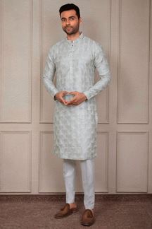 Picture of Majestic Silver White Designer Kurta Pant Set for Party and Festivals