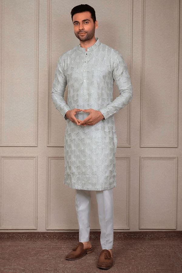 Picture of Majestic Silver White Designer Kurta Pant Set for Party and Festivals