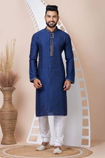 Picture of Stylish Navy Blue Designer Kurta Pyjama Set for Wedding, Party, and Festivals