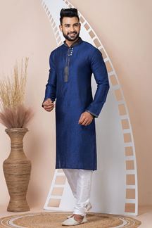 Picture of Stylish Navy Blue Designer Kurta Pyjama Set for Wedding, Party, and Festivals