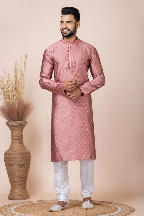 Picture of Aesthetic Dark Peach Designer Kurta Pyjama Set for Engagement, Reception, Party, and Festivals