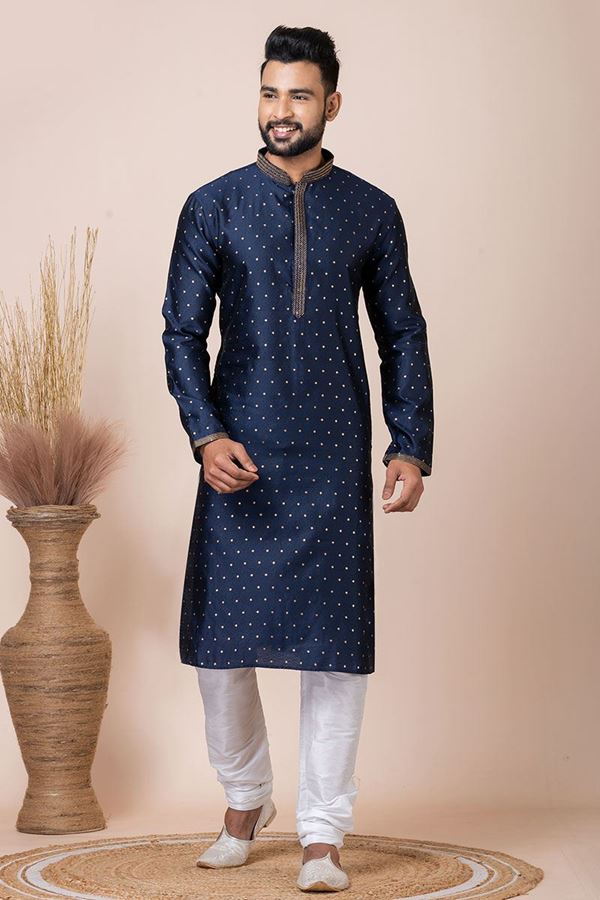 Picture of Captivating Navy Blue Designer Kurta Pyjama Set for Wedding, Reception, Party, and Festivals