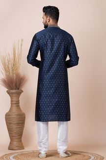 Picture of Captivating Navy Blue Designer Kurta Pyjama Set for Wedding, Reception, Party, and Festivals