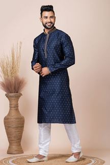 Picture of Captivating Navy Blue Designer Kurta Pyjama Set for Wedding, Reception, Party, and Festivals