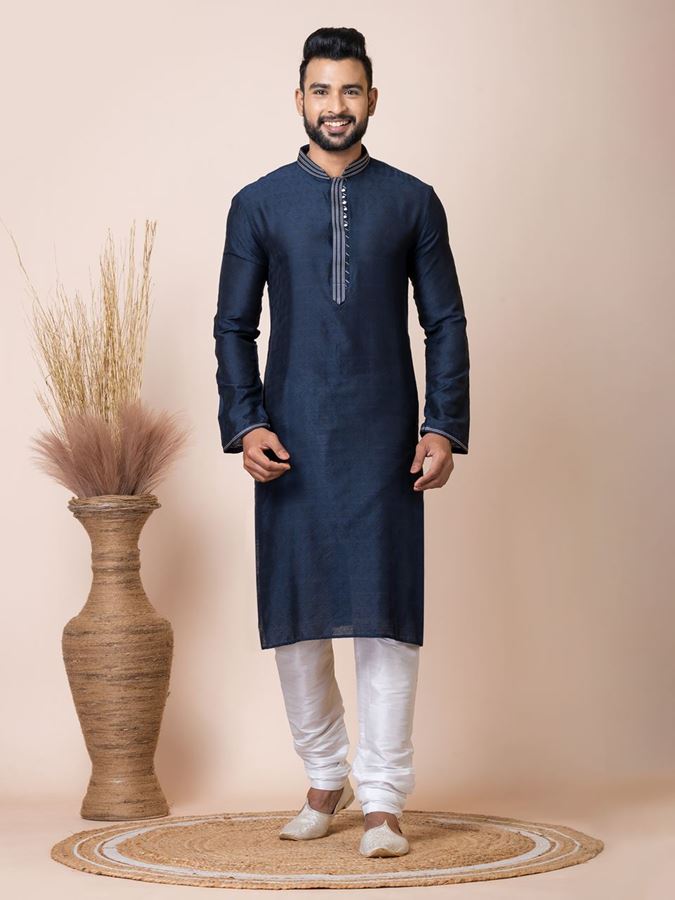 Picture of Spectacular Navy Blue Designer Kurta Pyjama Set for Wedding, Reception, Party, and Festivals