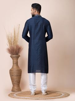 Picture of Spectacular Navy Blue Designer Kurta Pyjama Set for Wedding, Reception, Party, and Festivals