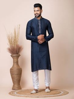 Picture of Spectacular Navy Blue Designer Kurta Pyjama Set for Wedding, Reception, Party, and Festivals