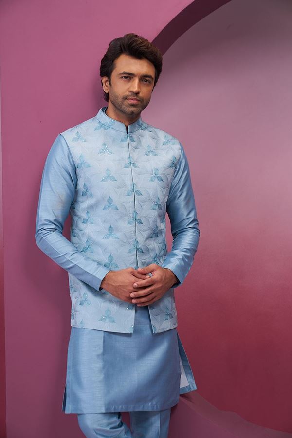 Picture of Awesome Sky Blue Designer 3-Piece Men’s Suit for Engagement and Reception