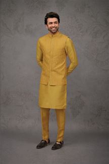 Picture of Splendid Dark Yellow Designer 3-Piece Men’s Suit for Haldi and Festivals