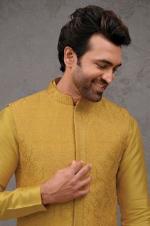 Picture of Splendid Dark Yellow Designer 3-Piece Men’s Suit for Haldi and Festivals