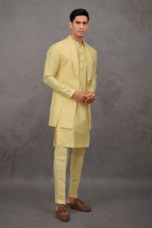 Picture of Impressive Yellow Designer 3-Piece Men’s Suit for Haldi and Festivals