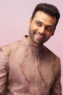 Picture of Enticing Rust Designer Nawabi Indo-Western Sherwani for Party, Engagement, and Reception