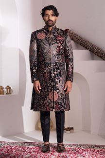 Picture of Artistic Black and Multi Designer Nawabi Indo-Western Sherwani for Party and Reception