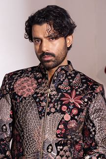 Picture of Artistic Black and Multi Designer Nawabi Indo-Western Sherwani for Party and Reception