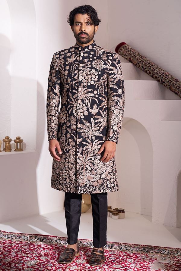 Picture of Splendid Black Designer Nawabi Indo-Western Sherwani for Party and Reception