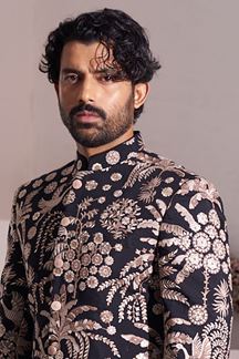 Picture of Splendid Black Designer Nawabi Indo-Western Sherwani for Party and Reception