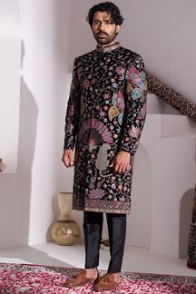 Picture of Vibrant Black and Multi Designer Nawabi Indo-Western Sherwani for Party and Reception