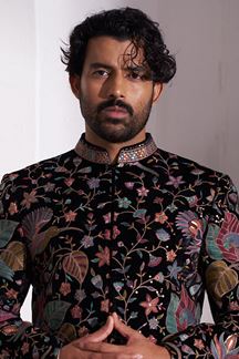 Picture of Vibrant Black and Multi Designer Nawabi Indo-Western Sherwani for Party and Reception