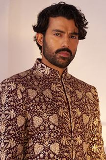 Picture of Amazing Maroon Designer Nawabi Indo-Western Sherwani for Engagement, Wedding, and Reception