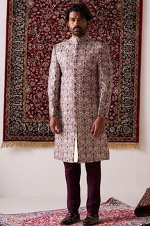 Picture of Awesome Cream Designer Nawabi Indo-Western Sherwani for Engagement, Wedding, and Reception