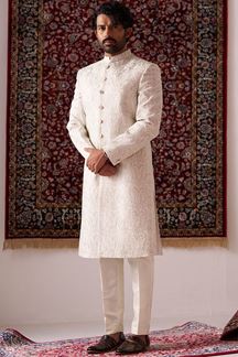 Picture of Elegant Off-White Designer Nawabi Indo-Western Sherwani for Engagement and Reception