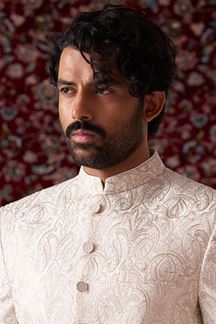 Picture of Elegant Off-White Designer Nawabi Indo-Western Sherwani for Engagement and Reception