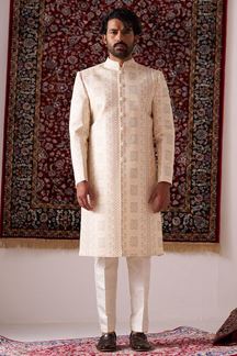 Picture of Dashing Cream Designer Nawabi Indo-Western Sherwani for Engagement and Reception