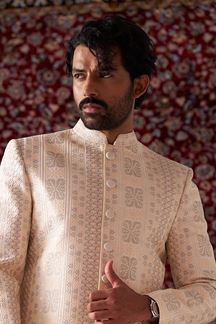 Picture of Dashing Cream Designer Nawabi Indo-Western Sherwani for Engagement and Reception