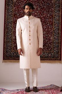 Picture of Stylish Cream Designer Nawabi Indo-Western Sherwani for Engagement and Reception