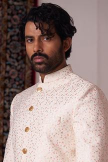 Picture of Stylish Cream Designer Nawabi Indo-Western Sherwani for Engagement and Reception