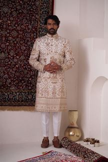 Picture of Captivating Cream Designer Nawabi Indo-Western Sherwani for Engagement and Reception