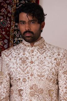 Picture of Captivating Cream Designer Nawabi Indo-Western Sherwani for Engagement and Reception