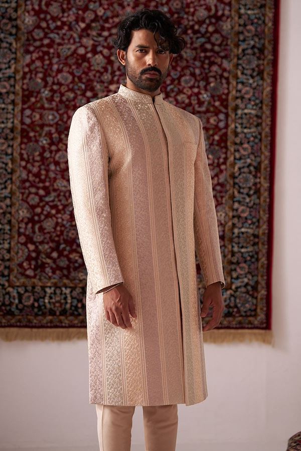 Picture of Spectacular Pink Cream Pista Designer Nawabi Indo-Western Sherwani for Engagement and Reception