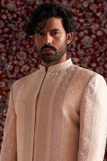 Picture of Spectacular Pink Cream Pista Designer Nawabi Indo-Western Sherwani for Engagement and Reception