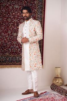 Picture of Majestic Off-White Designer Nawabi Indo-Western Sherwani for Engagement and Reception