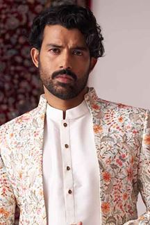 Picture of Majestic Off-White Designer Nawabi Indo-Western Sherwani for Engagement and Reception