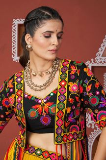 Picture of Flamboyant Multi and Black Designer Indo-Western Navratri Lehenga Choli for Garba Raas 