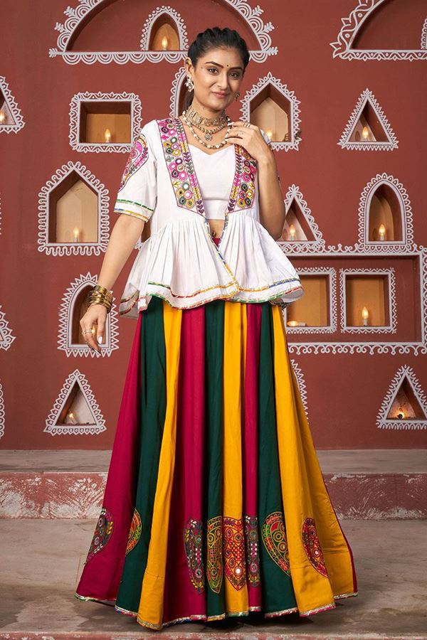 Picture of Smashing Multi and White Designer Indo-Western Navratri Lehenga Choli for Garba Raas 