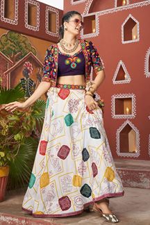 Picture of Creative White and Purple Designer Indo-Western Navratri Lehenga Choli for Garba Raas 