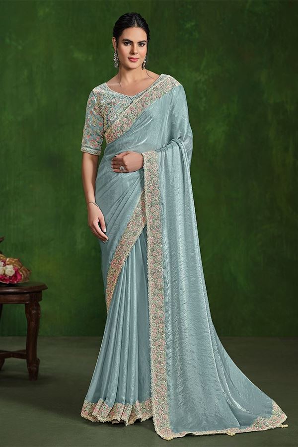 Picture of Outstanding 2 Tone Satin Silk Designer Saree for Engagement, Wedding, and Reception