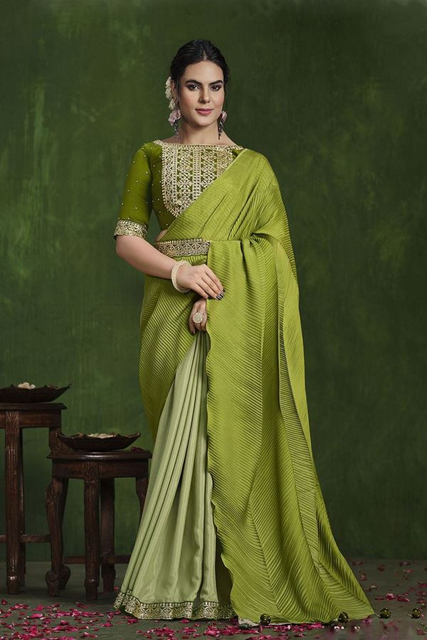 Picture of Flamboyant Crepe Silk Georgette Designer Saree for Mehendi, Wedding, and Reception