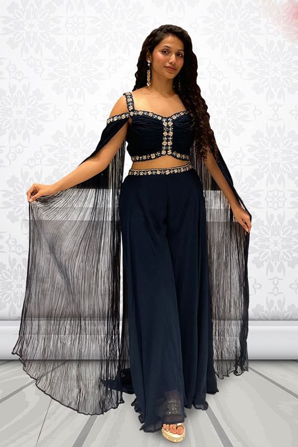 Picture of Outstanding Navy Blue Designer Palazzo Suit for Party and Festivals