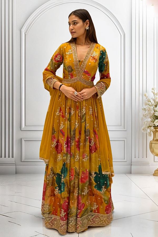 Picture of Surreal Mustard Georgette Designer Anarkali Suit for Haldi, Party, and Festivals