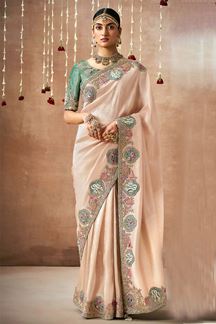 Picture of Attractive Tissue Dola Silk Designer Saree for Engagement, Reception, Party, and Festivals