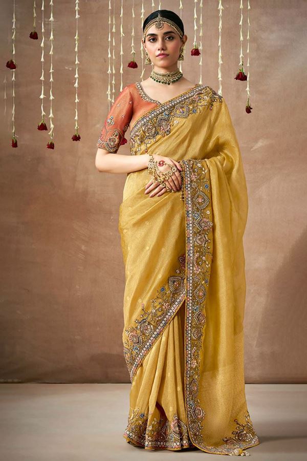 Picture of Beautiful Tissue Dola Silk Designer Saree for Haldi, Wedding, Engagement, Reception, Party, and Festivals